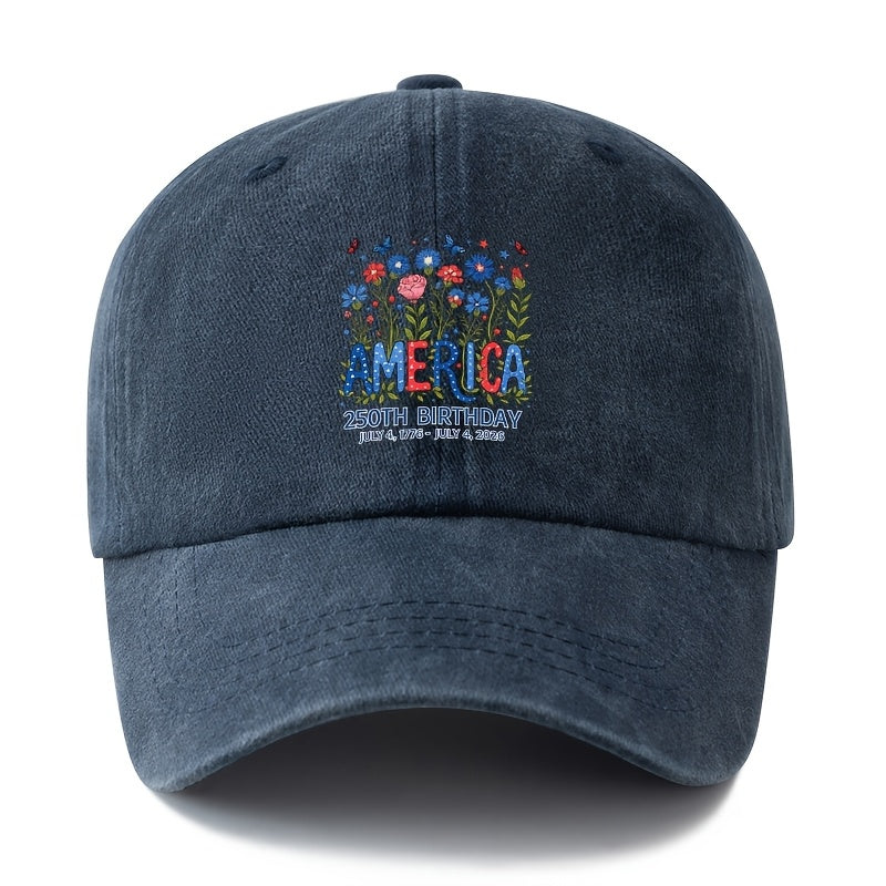 Special Baseball Cap for The 250Th Anniversary Celebration of The Founding of The United States, Unisex Printed Star And Stripe Floral Baseball Cap, Classic Retro Washed Lightweight Outdoor Curved Brim Cap, Trucker Baseball Cap, Suitable for Outdoor