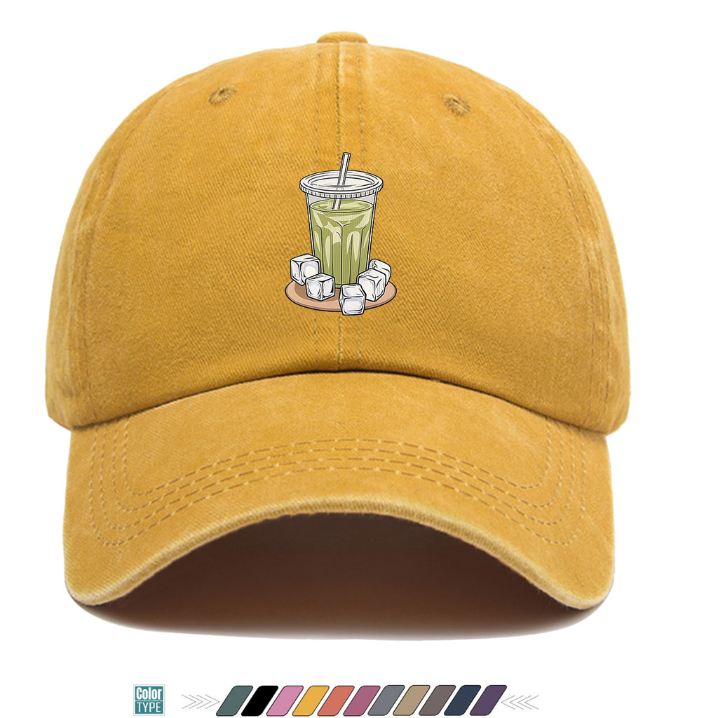 1pc Teal Green Beverage Print Baseball Cap, Featuring a Cup with a Straw, Ice Cubes Scattered Near the Cup, and a Colorful Striped Background. A Stylish and Casual Sun Hat, Unisex and Adjustable. Suitable for Street Trendsetters, Coffee Lovers