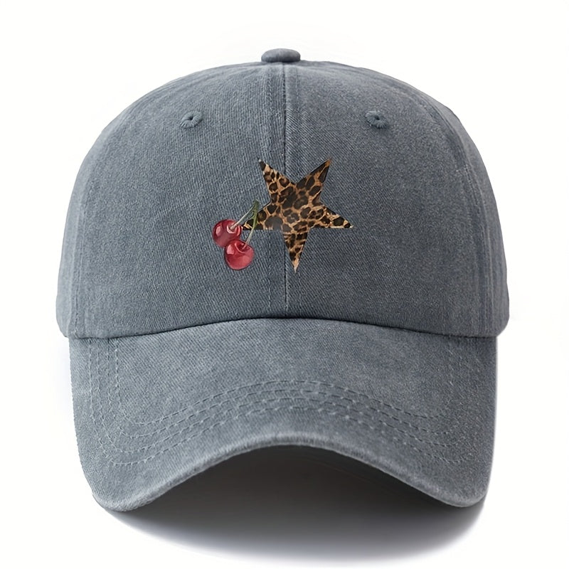 Unisex Fashion Versatile Printed Cherry Leopard Print Five-Pointed Star Baseball Cap, Classic Retro Washed Outdoor Lightweight Curved Brim Cap, Trucker Baseball Cap, Suitable for Outdoor Vacations, Travel, Camping, And Other Leisure Occasions