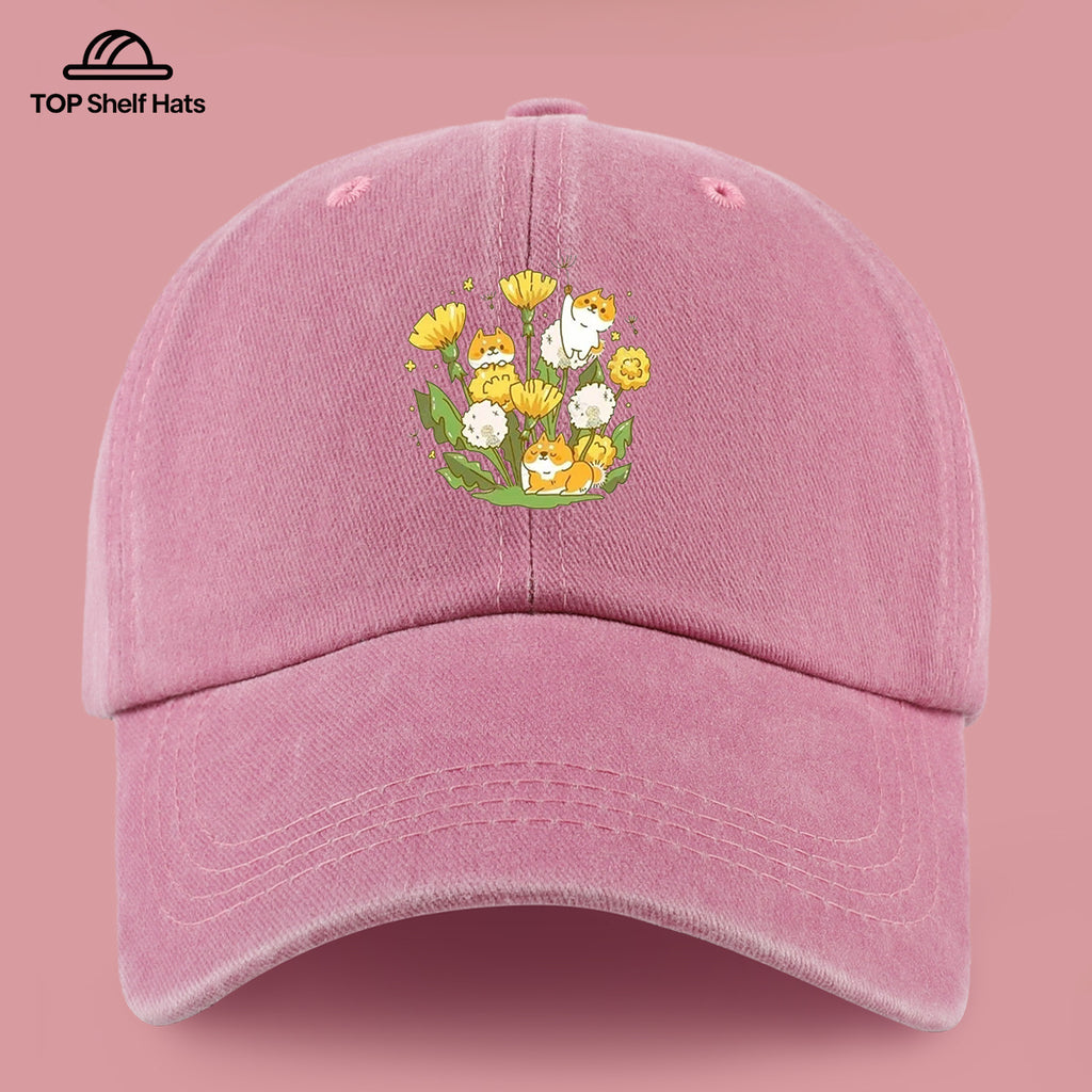 1pc Shiba Inu Dandelion Flower Patch Baseball Cap, Cute Pet Pattern Sun Hat, Fashionable Fresh And Beautiful Unisex Baseball Cap, Adjustable Size, Casual Shopping Hat, Travel Photography Hat, Suitable for Outdoor Picnics, Camping, Travel