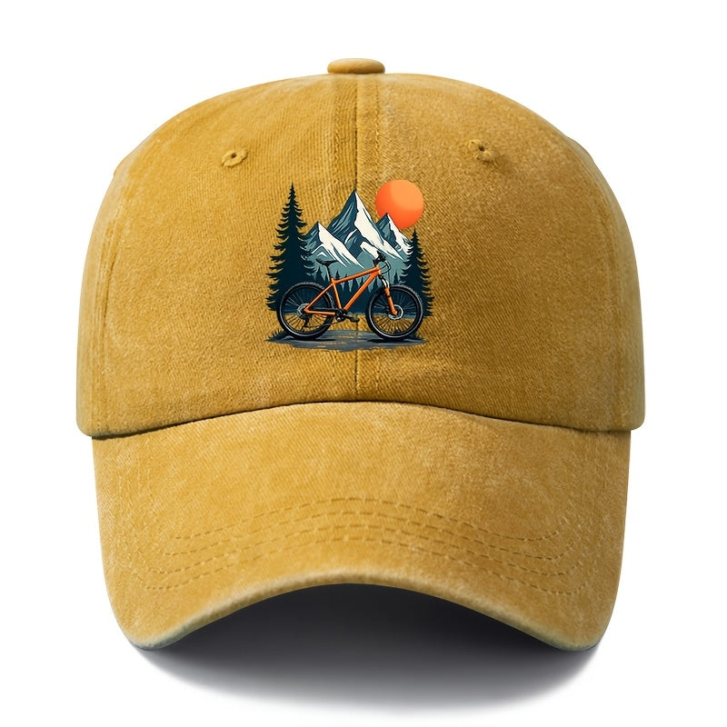 Unisex Fashion Versatile Printed Sunset Bicycle Baseball Cap, Classic Retro Washed Outdoor Lightweight Curved Cap, Trucker Hat, Suitable for Outdoor Vacation Travel Camping And Casual Occasions, Holiday Party Hip-Hop Hat