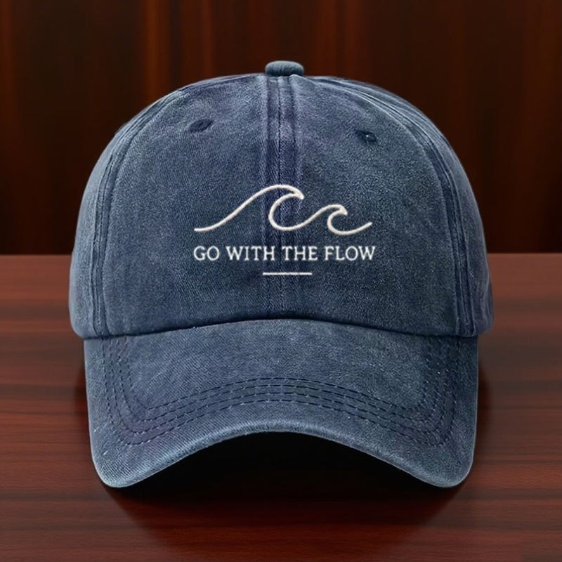 Vintage Washed Distressed Baseball Cap, with "GO WITH THE FLOW" Print, Unisex Dad Hat, Retro Casual Street Style Sun Hat, Suitable for Men, Women, And Teenagers, an Ideal Daily/Outdoor Gift