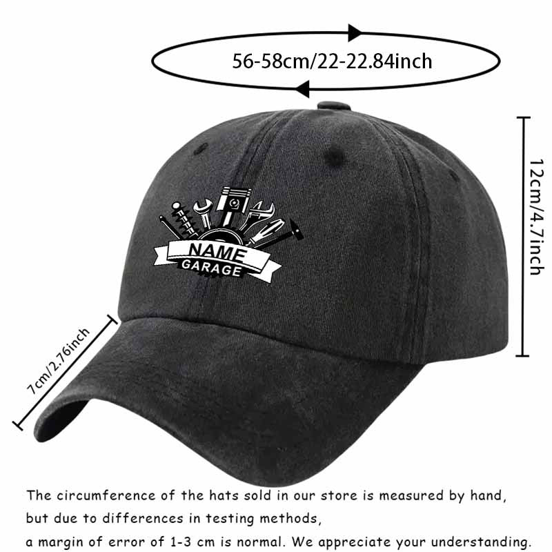 A Tool-Themed Baseball Cap Featuring a Gear Pattern Surrounded by Tools, Perfect for Garage Culture Enthusiasts And Essential for Auto Mechanics