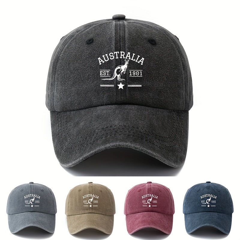 A Unisex Fashionable and Versatile Printed "AUSTRALIA" Baseball Cap with Kangaroo Logo, Featuring a Classic Vintage Washed Design, Lightweight Curved Brim, and Trucker Style. Ideal for Outdoor Vacations, Travel, Camping, and Other Casual Occasions