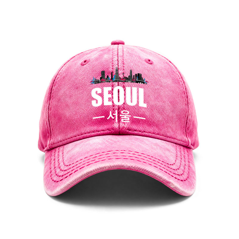 1pc Vintage Washed Unisex Baseball Caps, Seoul Skyline, Modern Cityscape Design Print Pattern, Adjustable, Suitable for Outdoor Activities and Casual Wear, Gifts for Men and Women, Friends.