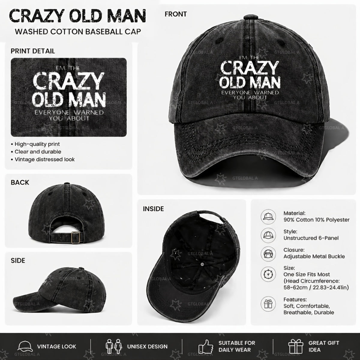 Casual Washed Cotton Printed Cap, Perfect for Home Use, Outings, Or As a Gift, an Ideal Choice for Holidays Such As New Year And Valentine'S Day, Fun Baseball Cap with Crazy Old Man Pattern, Men'S Style
