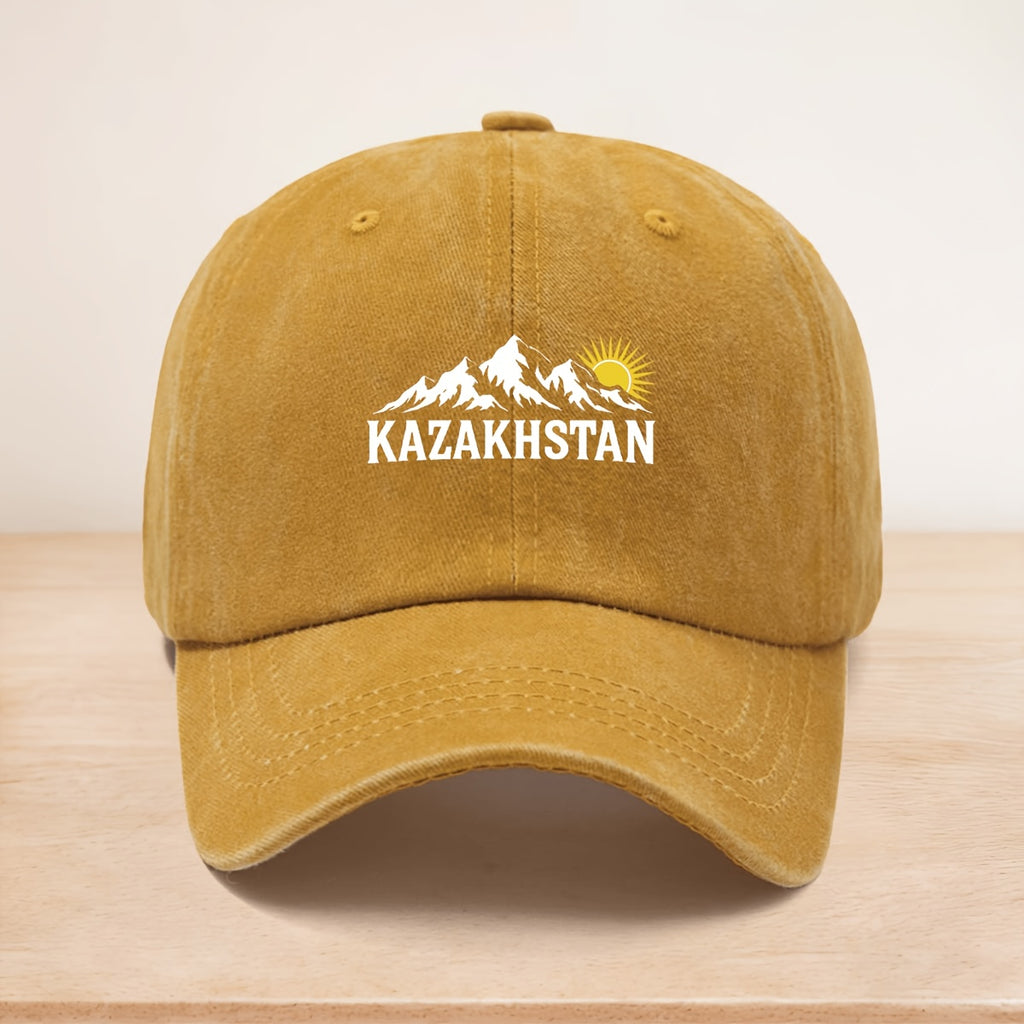 A KAZAKHSTAN Snow Mountain Sunrise Washed Baseball Cap, Adjustable Size, Casual Hat Suitable for All Seasons, Outdoor Vacation, Personalized Street Hip-Hop Cap, Soft Top, Non-Pressurizing, Curved Brim, Lightweight, Durable, Easy to Maintain, Trucker