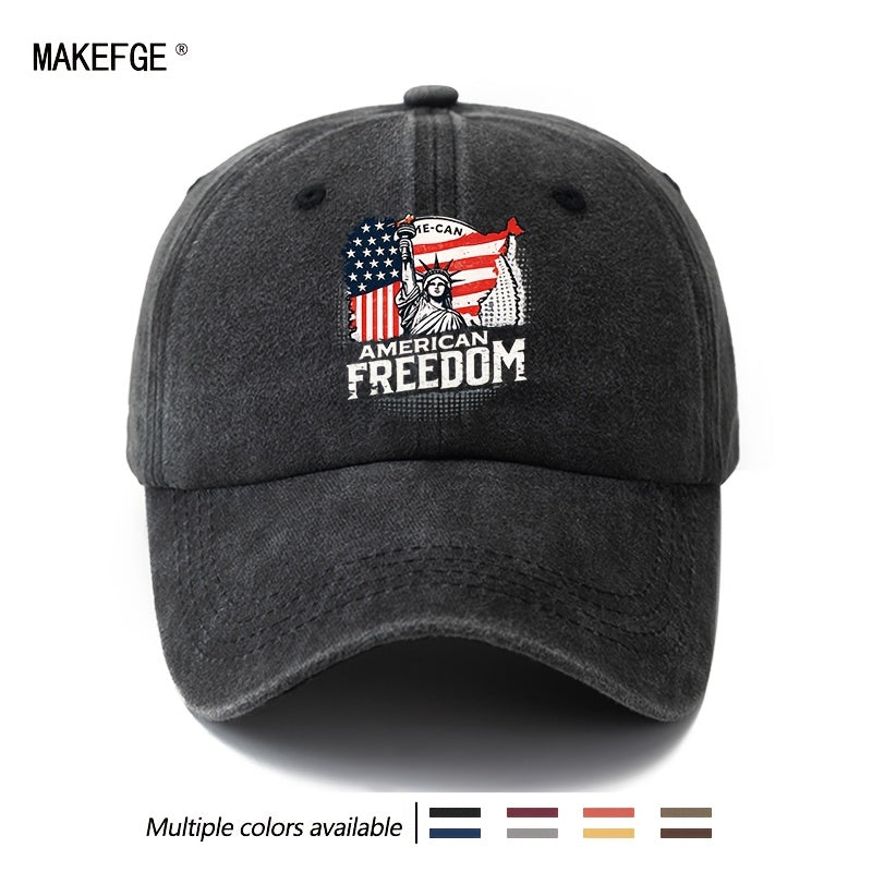 A Unisex Fashionable and Versatile Printed FREEDOM Statue of Liberty Baseball Cap, Classic Vintage Washed Outdoor Lightweight Curved-brim Hat, Trucker Baseball Cap, Suitable for Outdoor Vacations, Travel, Camping, and Other Casual Occasions