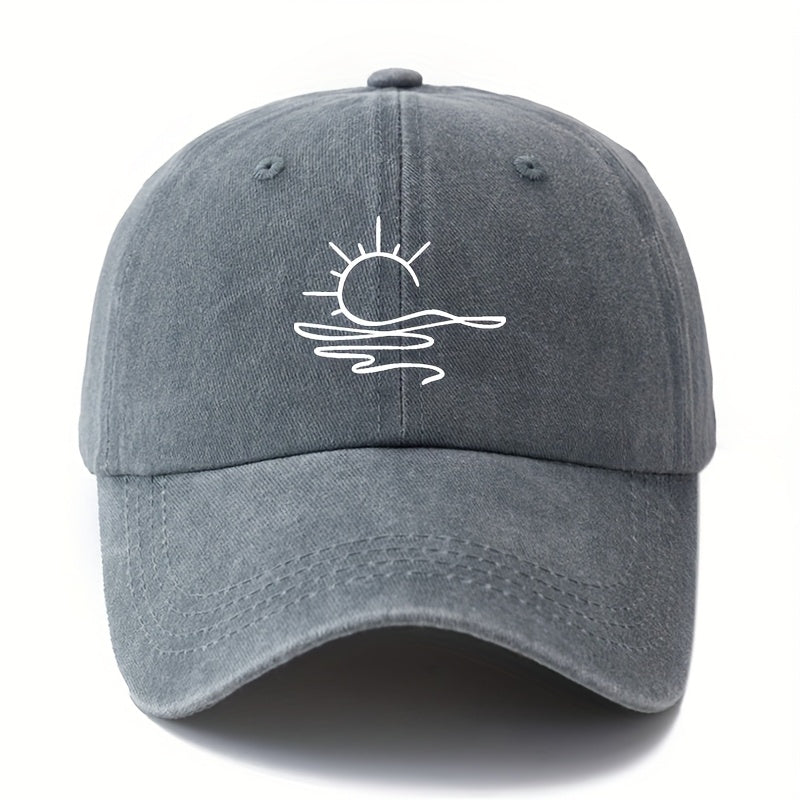 One Size Fits Most Washed Printing Sun Pattern Baseball Cap, Fashionable Curved Brim Hat, Suitable for Outdoor Vacation Travel Camping Leisure Occasions, Truck Driver Baseball Cap