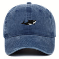 A versatile novelty washed baseball cap with whale embroidery pattern, adjustable for both men and women