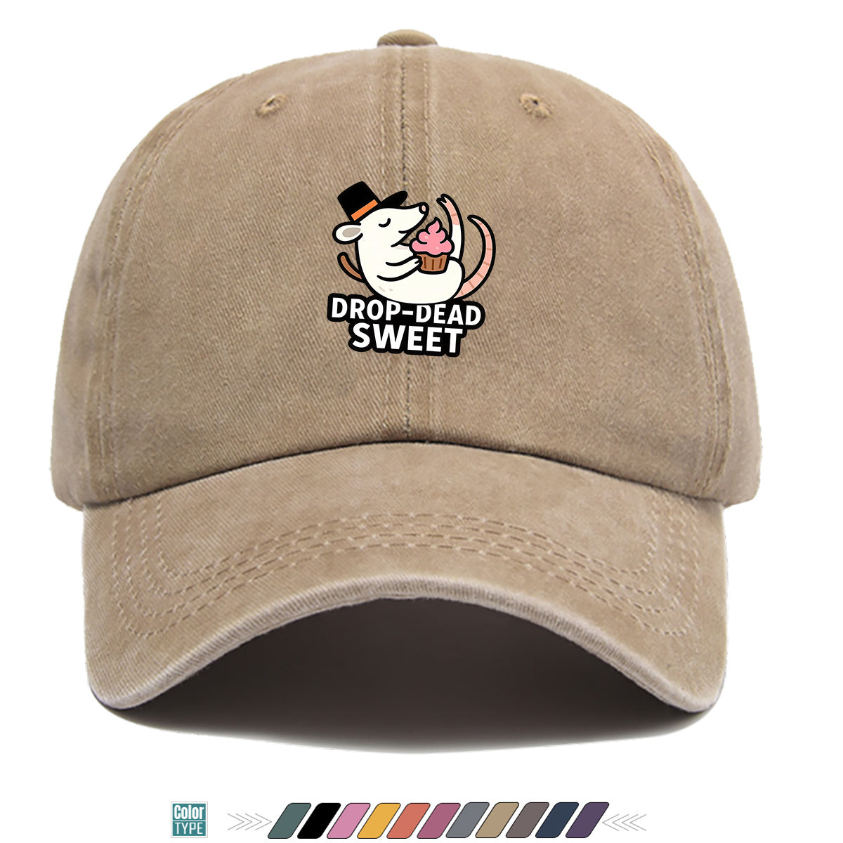 1pc 1pcs "DROP-DEAD SWEET" Mouse Top Hat & Cupcake Print Cap - Adjustable Unisex Baseball Hat Suitable for Parties, Travel, Daily Wear - Cute, Themed Outfits, Street Style for Men & Women (Powder Cream Cupcake)