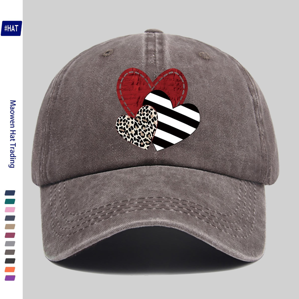A Washed Baseball Cap with Iron-on Transfer Designs of Red Hearts, Black Striped Hearts, Leopard Print Hearts, and Crossed Hearts. It Features a New Autumn/winter Vintage Style, Is Unisex, Adjustable in Size, Lightweight, and Suitable for Outdoor Use