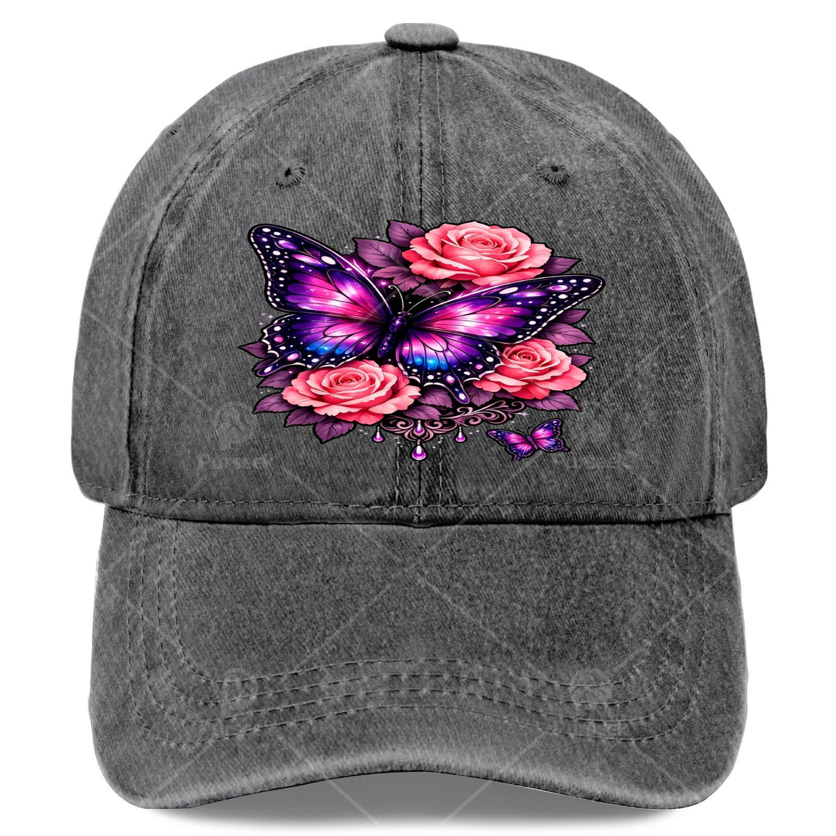 Men' & Women' Classic Baseball Cap with Butterfly & Purple Rose Print - Adjustable Pull-String Closure, Machine Washable Sporty Hat Suitable for Butterfly Enthusiasts, Casual Wear, Outdoor Activities, Gift