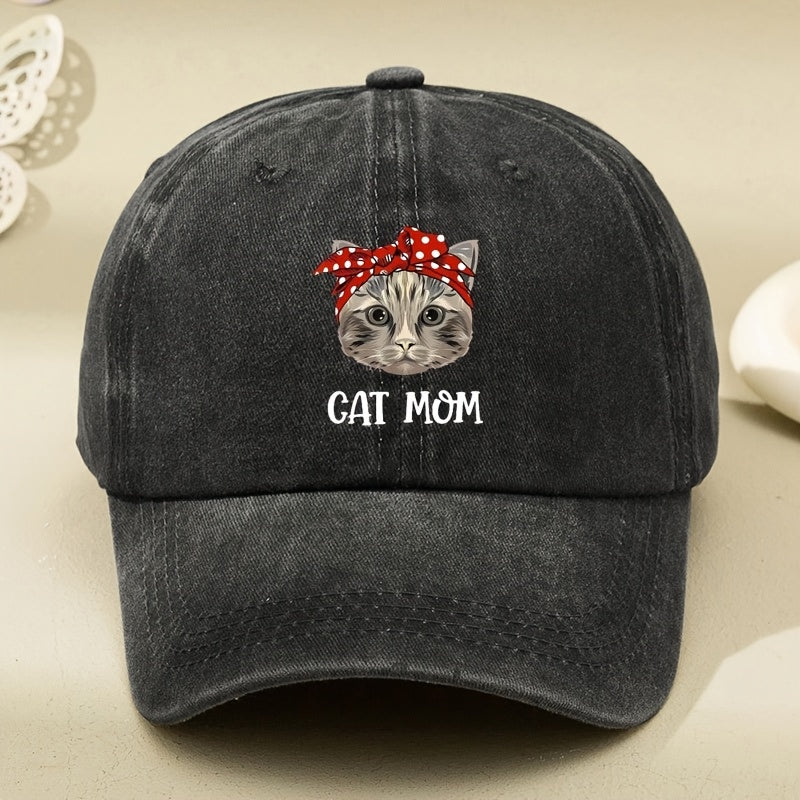CAT MOM Cartoon Print Washed Vintage Soft Top Baseball Cap, Unisex, Washed Vintage Cap, Men's Hat, Women's Hat