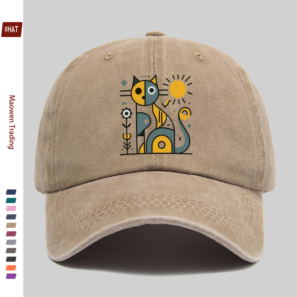 1 Abstract Cat and Sun Pattern Printed Baseball Cap, Unisex Design, Available in Multiple Colors, Papa Cap Is Comfortable, Lightweight, Washable, Vintage Style, American Street Skateboard Cap, Vintage Accessory, Exquisite Gift for Women, Fun and Cute