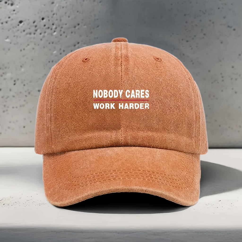 Women's Baseball Cap with "NOBODY CARES WORK HARDER" English Print, Inspirational Motivational Slogan, , Trendy, Fashionable, Versatile, Casual, and Simple. Unisex Duckbill Cap for Daily Outings, Work Commutes, Outdoor Sports, Fitness, Yoga