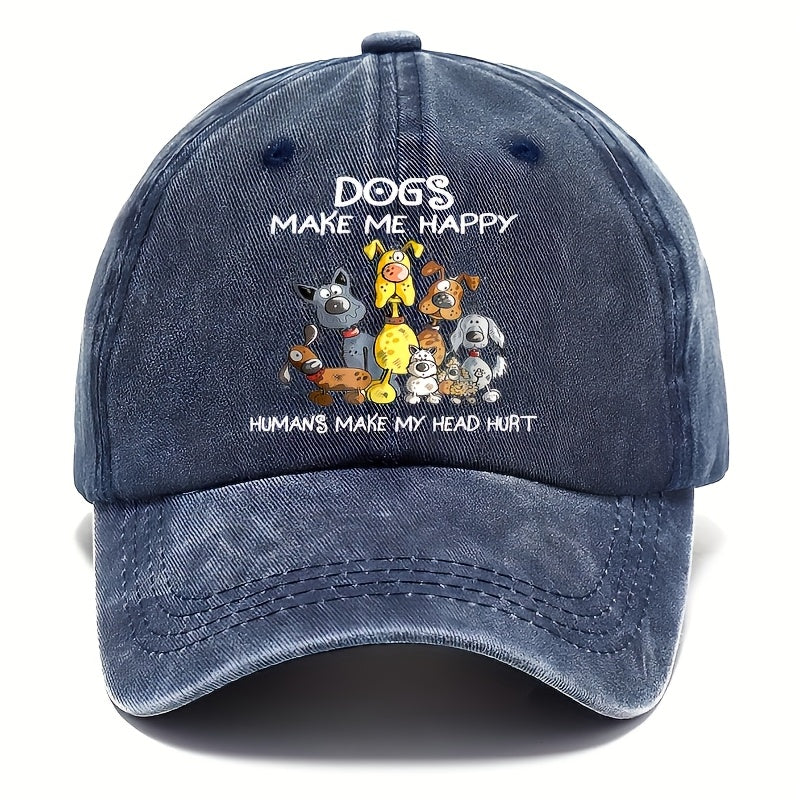 Cute Hippie Curved Brim Baseball Cap with Sweet Dog Print, Casual Outdoor Sports Sun Protection Hat, Adjustable Buckle Closure, Hand Wash Only, Four Seasons