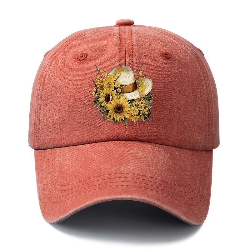 Printed Sunflower Baseball Cap, Unisex And Adjustable Size, with Curved Brim, Lightweight And Sun-Protective for Outdoor Use, Suitable for Outdoor Vacations, Camping, Casual Wear, And Hip-Hop Style, Trucker Baseball Cap