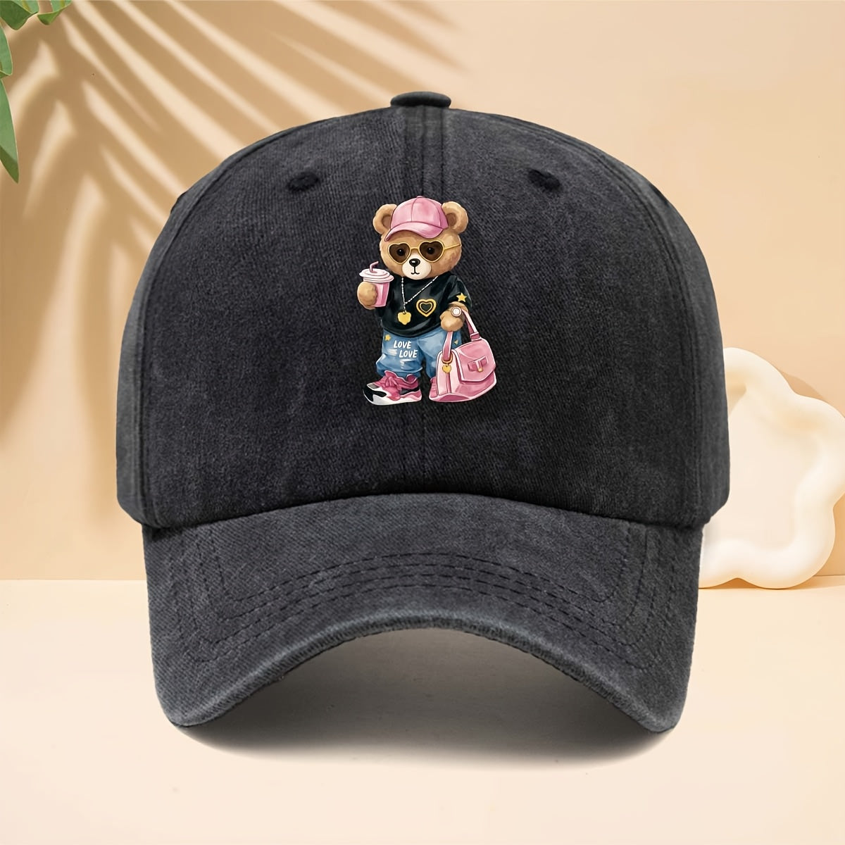 Baseball Cap with a Trendy and Cool Teddy Bear Print, Featuring an American Street-style Aesthetic. This Adorable and Fun Personality-driven Casual Snapback Is Perfect for Strolling, Shopping, Traveling, Gatherings, Vacations, and Parties. The Curved