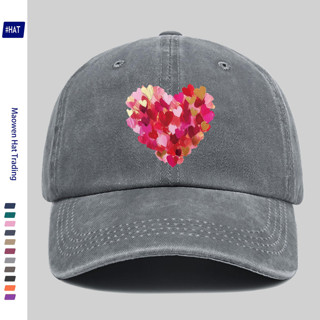 Heavy-Duty Washed Vintage Trucker Cap, Thick Oil-Painting Style Heart Print, Adjustable Snapback Closure, Suitable for Sports, Unisex Outdoor Cap, Ideal for All-Season Travel, Durable Headwear