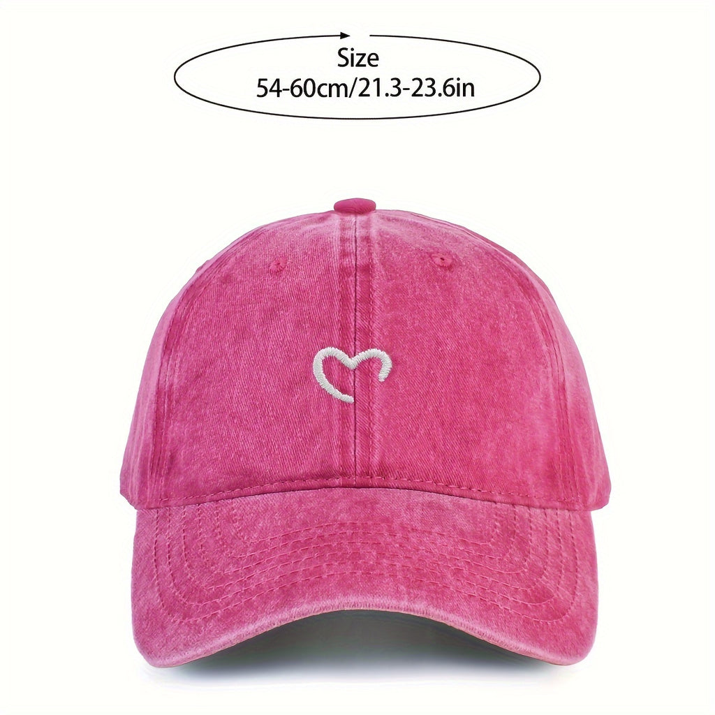 Women'S Heart-Shaped Embroidered Vintage Washed Baseball Cap, Adjustable Size, Suitable for Urban Vacation Wear