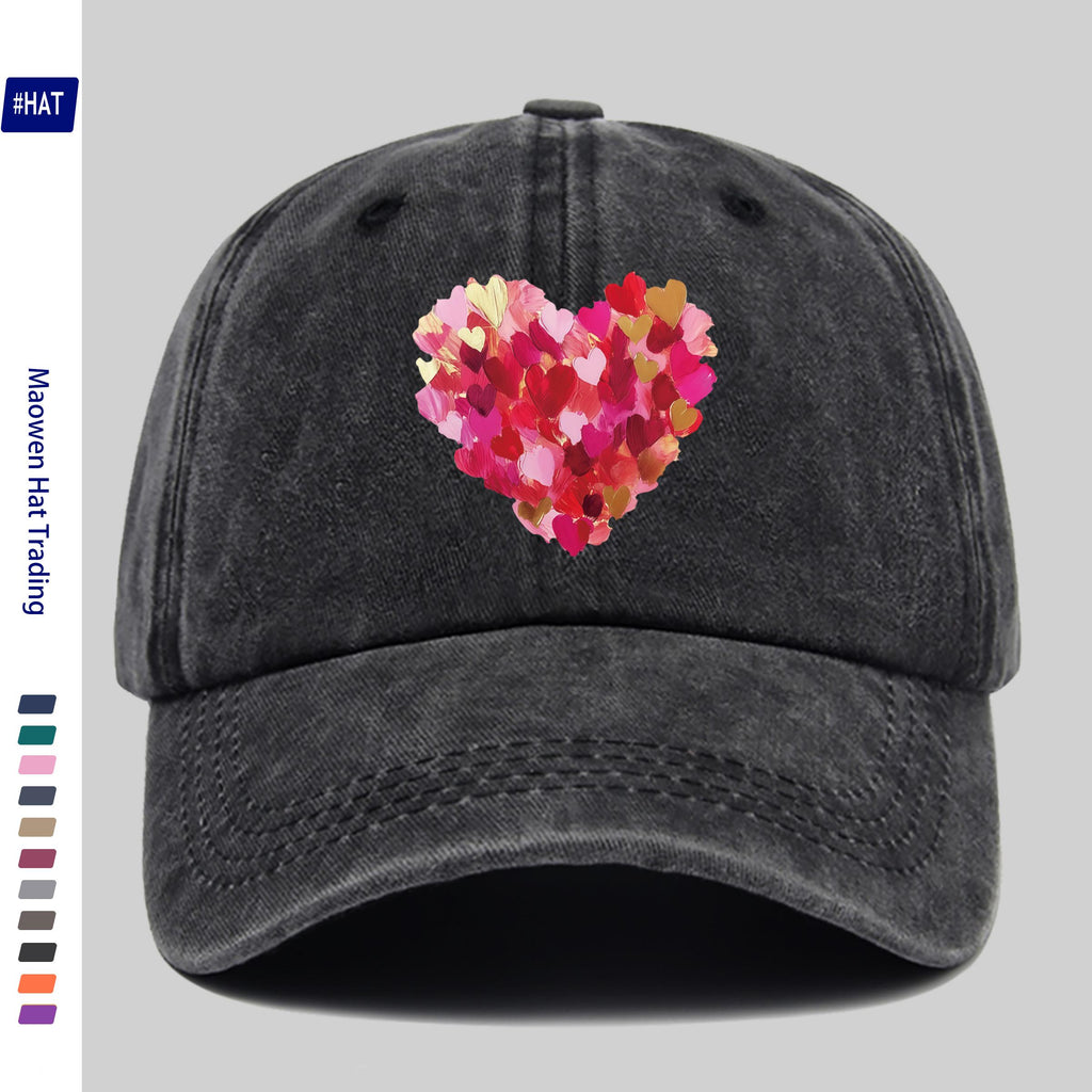 Heavy-Duty Washed Vintage Trucker Cap, Thick Oil-Painting Style Heart Print, Adjustable Snapback Closure, Suitable for Sports, Unisex Outdoor Cap, Ideal for All-Season Travel, Durable Headwear