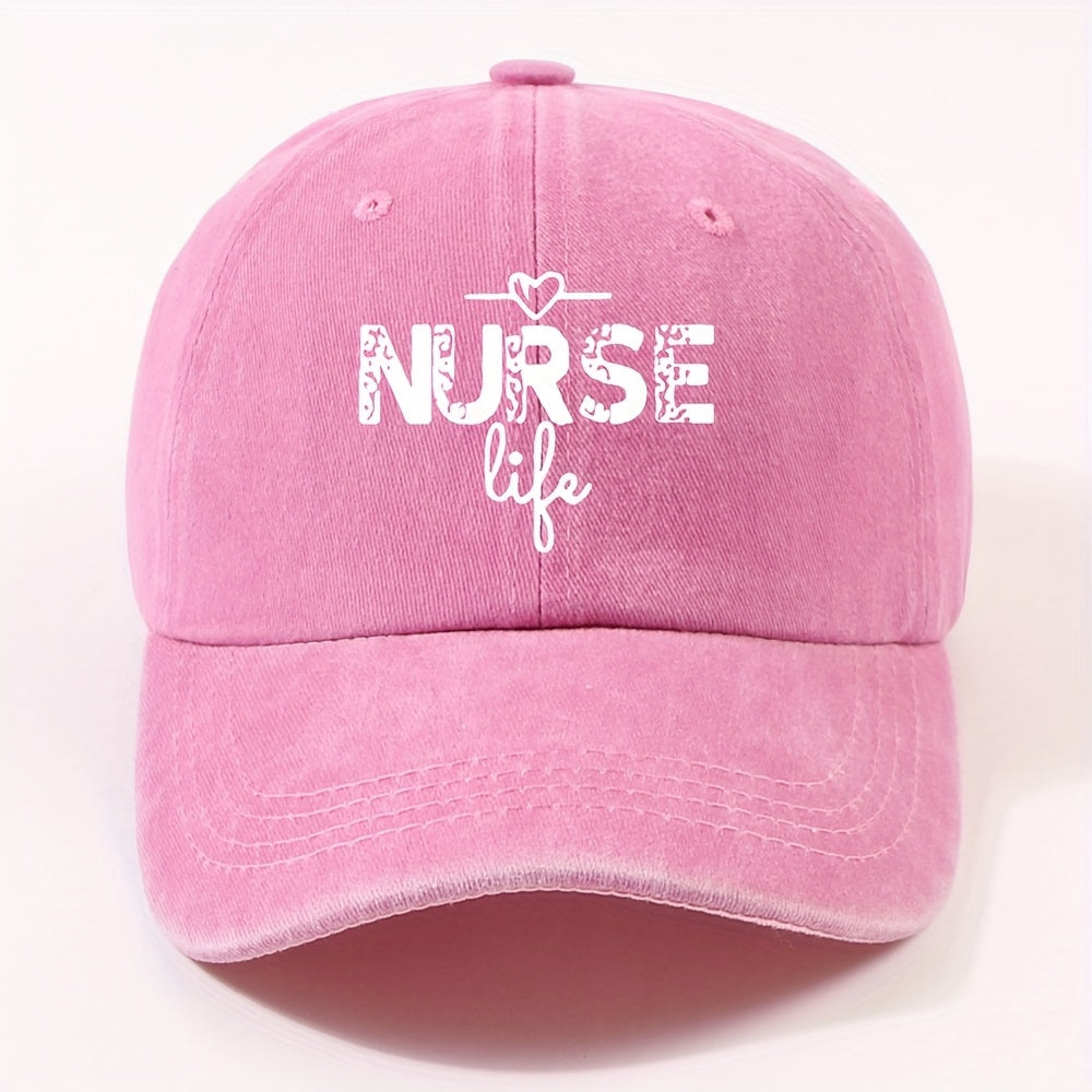 1 Fashion Nurse Letter Washed Baseball Cap Unisex Adjustable Brim Sun Hat Shopping Cycling Skateboarding Trendy Baseball Cap,  Casual Wear, Sporty Style, Geometric Pattern, Metal Buckle Closure, Durable Material, Unisex Headwear, Men And Women