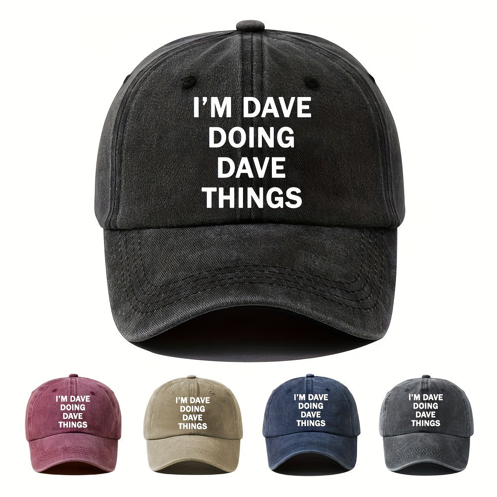 ATHACER Men'S "I'm Dave Things" Vintage Baseball Cap - Retro Washed Black Hat with Bold Text, Lightweight & Breathable for Outdoor Fashion, Hand Wash Only, Outdoor Headwear, Casual Headgear, Distressed Texture
