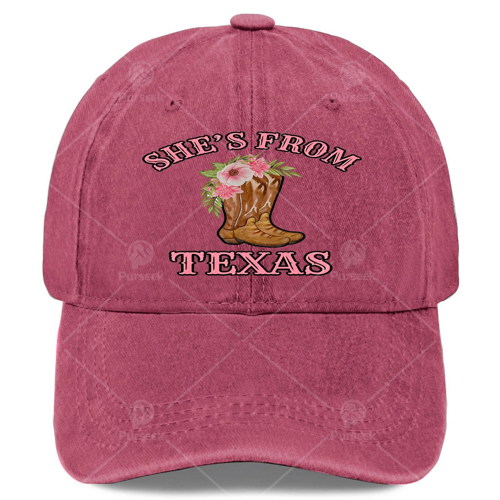 Originating from Texas, She Sports Cowgirl Boots Paired with a Floral Baseball in a Unisex, Vintage Style