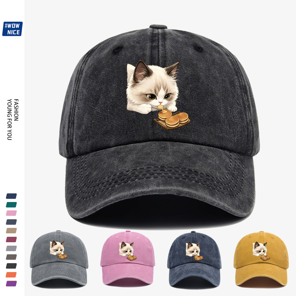 1pc 1pcs Cat Eating Muffin Baseball Cap with Kitten Print - Adjustable Unisex Hat Suitable for Men & Women, Cute, Streetwear, Café Outfits, Daily Wear, Fashionable Cap for Bestie Gatherings & Weekend Outings