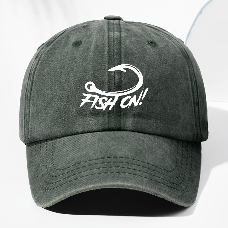 Unisex FISH ON Hook Print Washed Vintage Baseball Cap Fashion Men Women Sun Hat Adjustable Size Trucker Cap Suitable for All Seasons Daily Wear