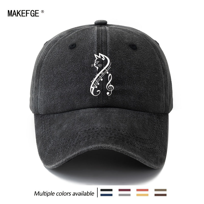 A Unisex Fashionable and Versatile Printed Cat and Musical Note Baseball Cap, Featuring a Classic Vintage Washed Lightweight Outdoor Curved Brim. This Trucker Baseball Cap Is Suitable for Casual Occasions Such as Outdoor Vacations
