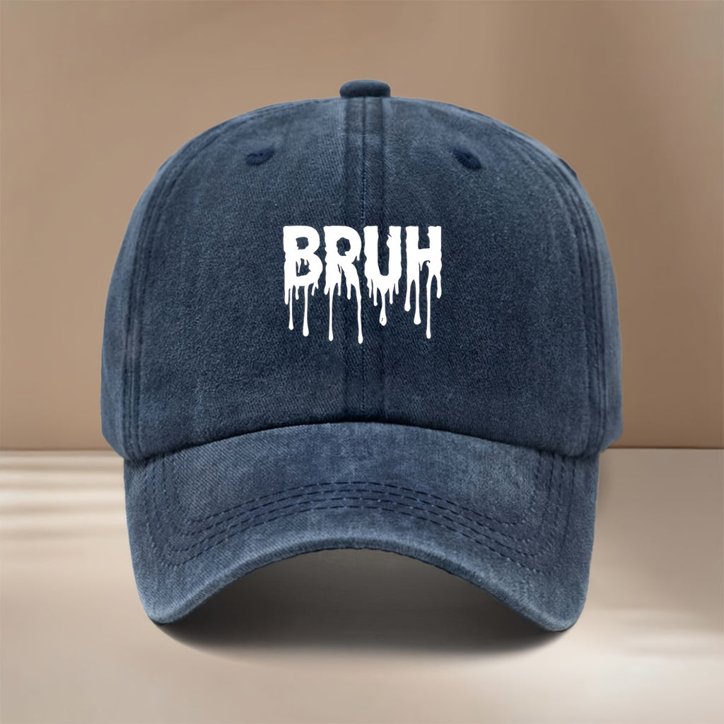 White "BRUH" Text Graphic Baseball Cap with Adjustable Size, Textured Hip-hop Style, Unisex Snapback Hat for Friends' Gatherings and Camping. Comfortable and Lightweight with a Curved Brim, This , Cool Six-panel Cap Features a Relaxed and Casual Fit.