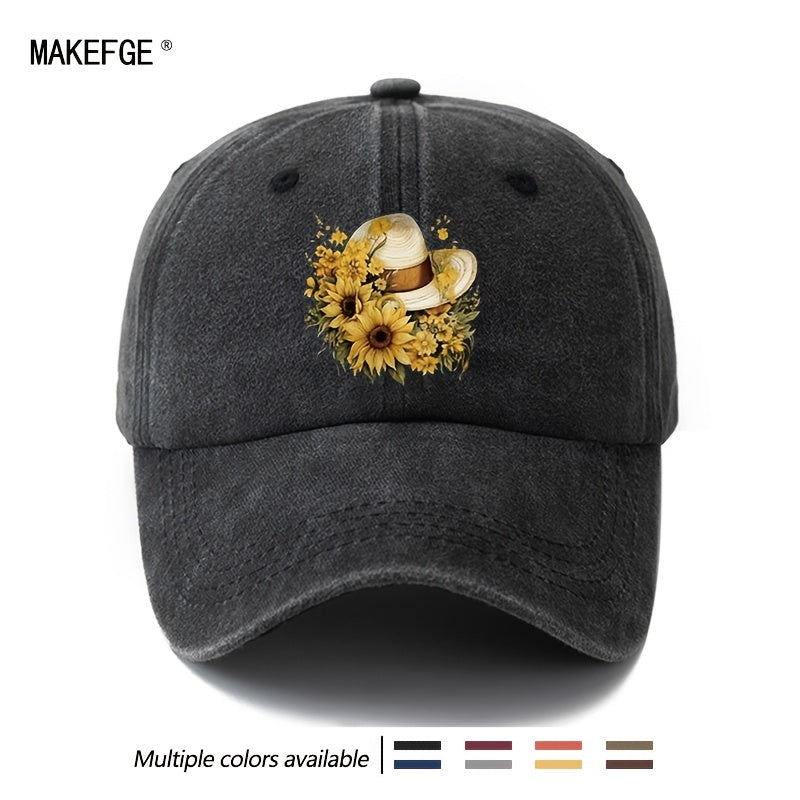 Printed Sunflower Baseball Cap, Unisex And Adjustable Size, with Curved Brim, Lightweight And Sun-Protective for Outdoor Use, Suitable for Outdoor Vacations, Camping, Casual Wear, And Hip-Hop Style, Trucker Baseball Cap