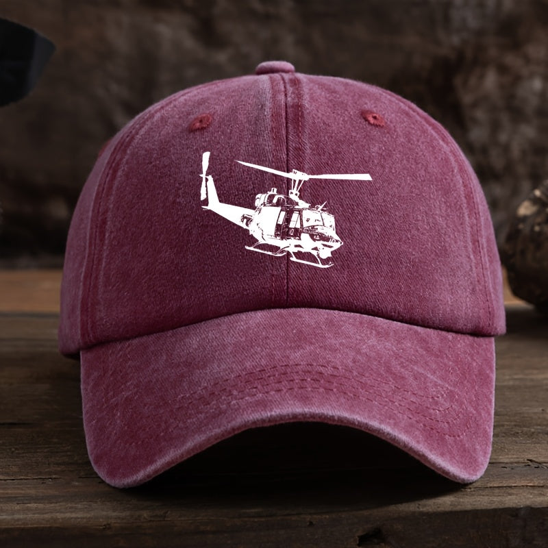 Vintage Helicopter Print Duckbill Cap - Distressed Washed Baseball Hat with Curved Brim, Soft Suitable for Outdoor Sports,, Camping, Streetwear & Hip-Hop Style - Retro Rock for Running and Mountaineering
