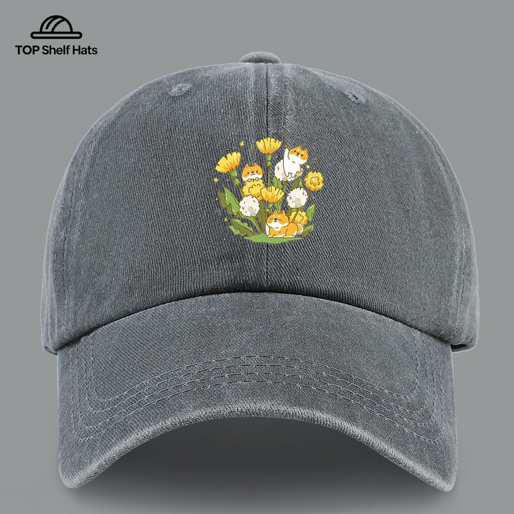 1pc Shiba Inu Dandelion Flower Patch Baseball Cap, Cute Pet Pattern Sun Hat, Fashionable Fresh And Beautiful Unisex Baseball Cap, Adjustable Size, Casual Shopping Hat, Travel Photography Hat, Suitable for Outdoor Picnics, Camping, Travel