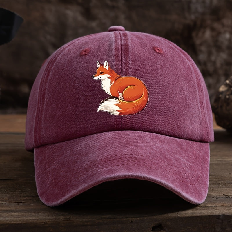 Fun Fox Print Baseball Cap Classic Washed Distressed Retro Curved Brim Hat Outdoor Casual Sports Running Hiking Camping Fishing Hat Soft Comfortable Dad Hat Individual Street Rock Hip-Hop Hat