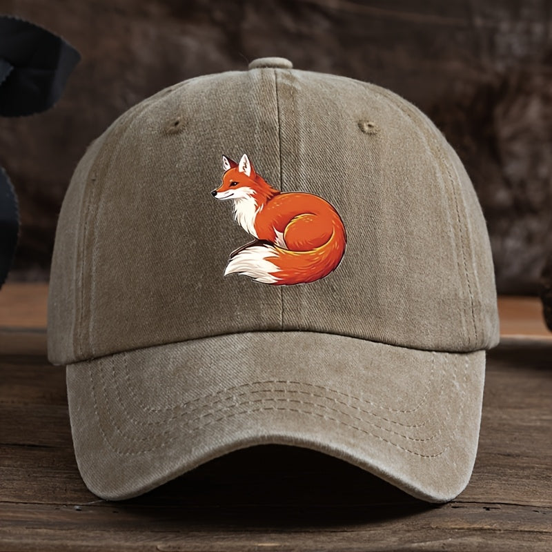 Fun Fox Print Baseball Cap Classic Washed Distressed Retro Curved Brim Hat Outdoor Casual Sports Running Hiking Camping Fishing Hat Soft Comfortable Dad Hat Individual Street Rock Hip-Hop Hat