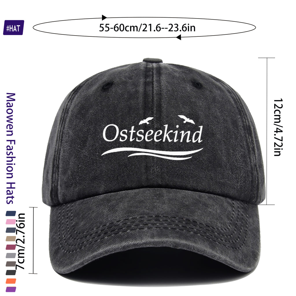 1pc Vintage Washed Duckbill Trucker Hat with Ostseekind & Seagull Logo Print, Adjustable Snapback Cap Suitable for Outdoor Fishing, Hunting, Vacations, Unisex for Men & Women, Machine Washable, Retro Logo