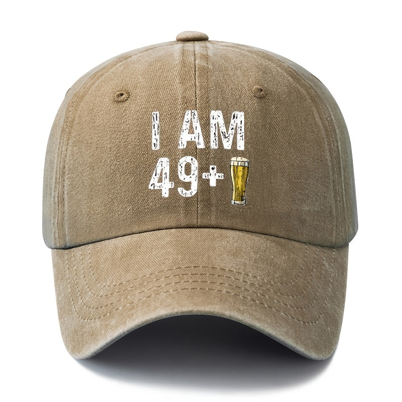 Unisex Fashion Versatile Printed I AM 49+ Beer Baseball Cap, Classic Retro Washed Outdoor Lightweight Curved Cap, Trucker Hat, Suitable for Outdoor Vacation Travel Camping And Other Casual Occasions, Holiday Party Hip-Hop Hat