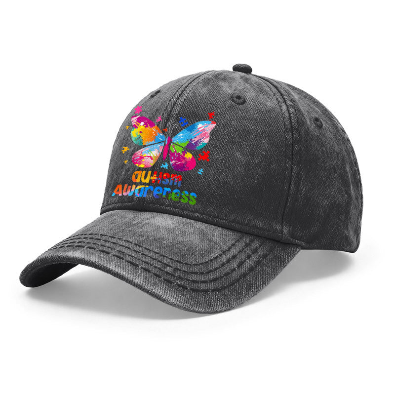 1pc of Vintage Washed Unisex Baseball Caps Featuring a Colorful Artistic Design of an Autism Awareness Butterfly. These Adjustable Caps Are Perfect for Outdoor Activities And Casual Wear, Making Them Great Gifts for Both Men And Women
