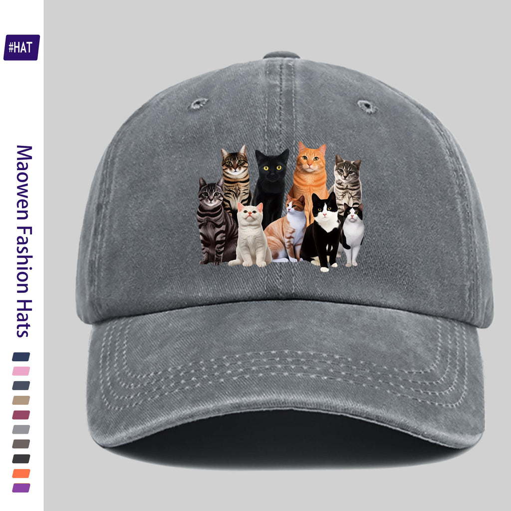 1 Vintage-style Adjustable Sports Cap, Featuring Various Cat Pattern Prints, a Washed-out Look, Suitable for Outdoor Leisure, a Fashionable Printed Breathable Baseball Cap, a Must-have Fashion Item, Ideal for Outdoor Sports and Travel Camping