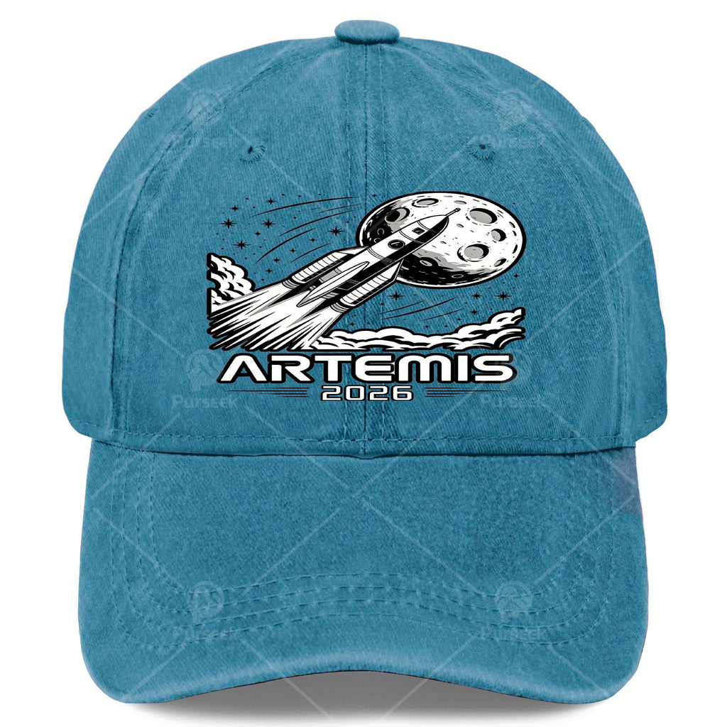 Artemis Launch to The Moon Retro Washed Distressed Baseball Cap - Unisex Full-Body Print with Artemis & Space, Lightweight Round Top Suitable for Christmas, 4th of, Events, Casual Wear, Hand Washable Vintage Hat