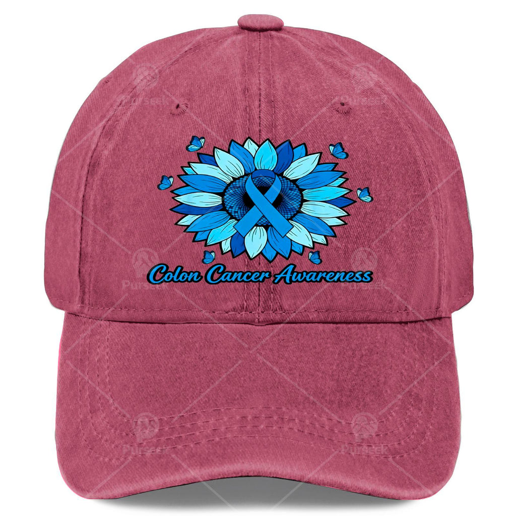Cool Unisex Baseball Cap with a Blue Ribbon and Sunflower, Used for Colon Cancer Month Promotion