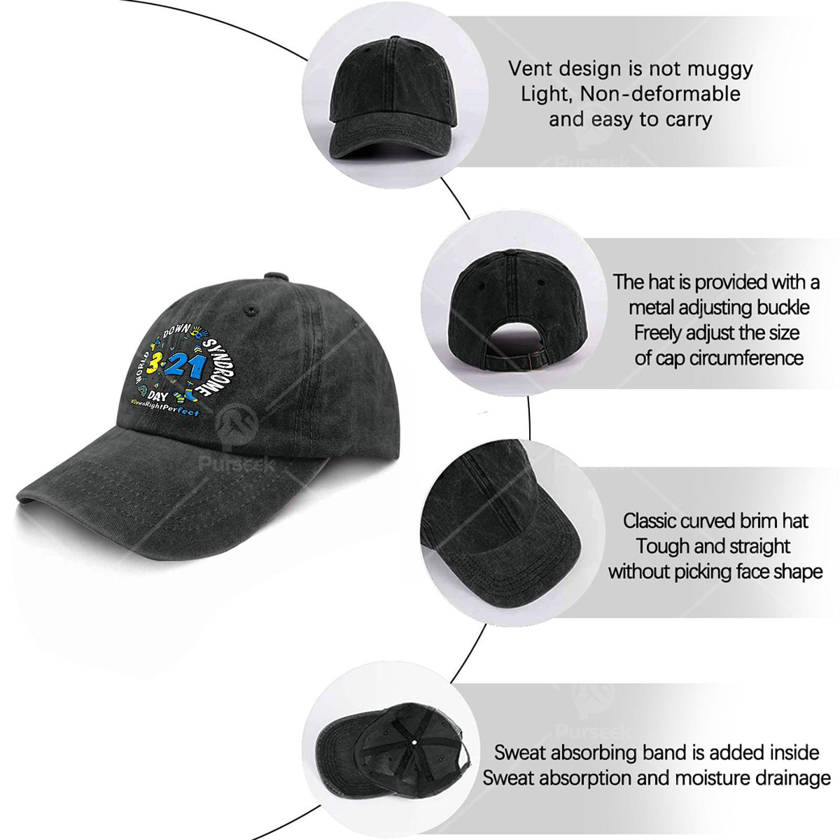 World Down Syndrome Day 3/21 Awareness Cap - Down Syndrome Ribbon, Unisex Adjustable Baseball Hat with Rainbow Print, Machine Washable for Awareness Month & Year-Round Advocacy Gifts Suitable for Men and Women