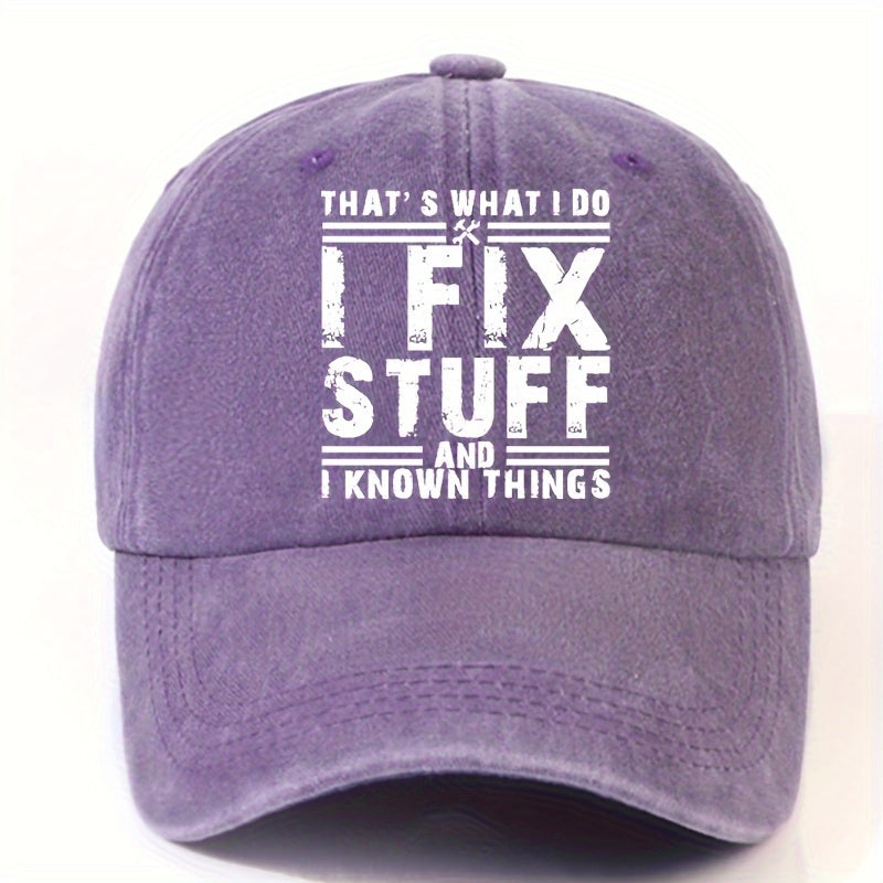 EOXF Vintage Washed Baseball Cap- Black with the Text "I Fix Stuff, " Adjustable Strap, Breathable Six-panel Design, Suitable for Mechanics, DIY Enthusiasts, and Everyday Casual Wear- Unisex Headwear, Vintage Style, Adjustable Size
