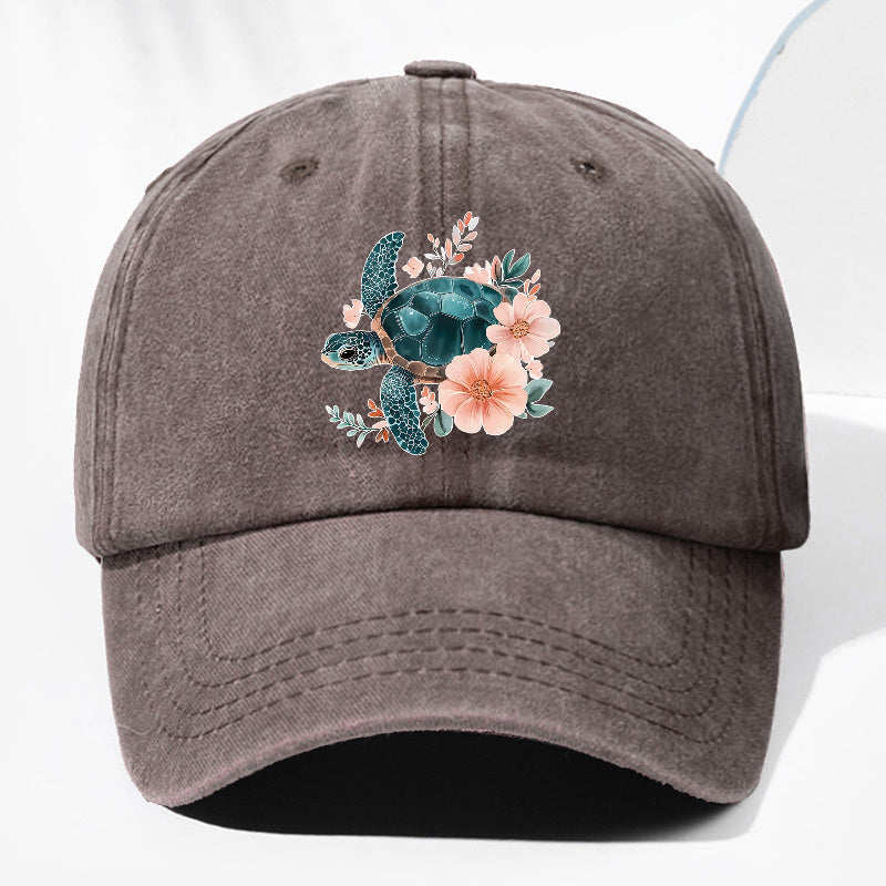 Unisex Floral Turtle Animal Print Washed Vintage Baseball Cap Fashion Men Women Sun Hat Adjustable Size Trucker Cap Suitable for All Seasons Daily Wear