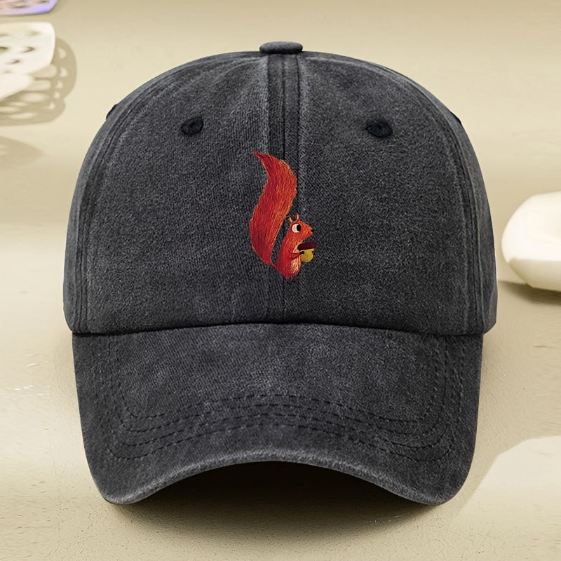 Little Squirrel Cartoon Print Women'S Baseball Cap, Spring/Summer Versatile Vintage Soft Top Duckbill Cap, Dad Hat, Distressed Washed Cap, Outdoor Personalized Soft Top Hat, Unisex Hat, Distressed Washed Hat, Men'S Hat, Women'S Hat