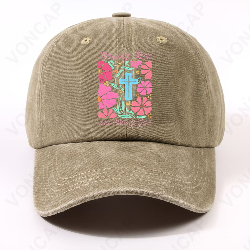 God Faith And Trust in God Vintage Pattern Washed Distressed Hat, Unisex, Front Print, Trendy Wear, Comfortable for Home, Commuting, Campus, Sports, Parties, And Holidays, Ideal Gift Choice