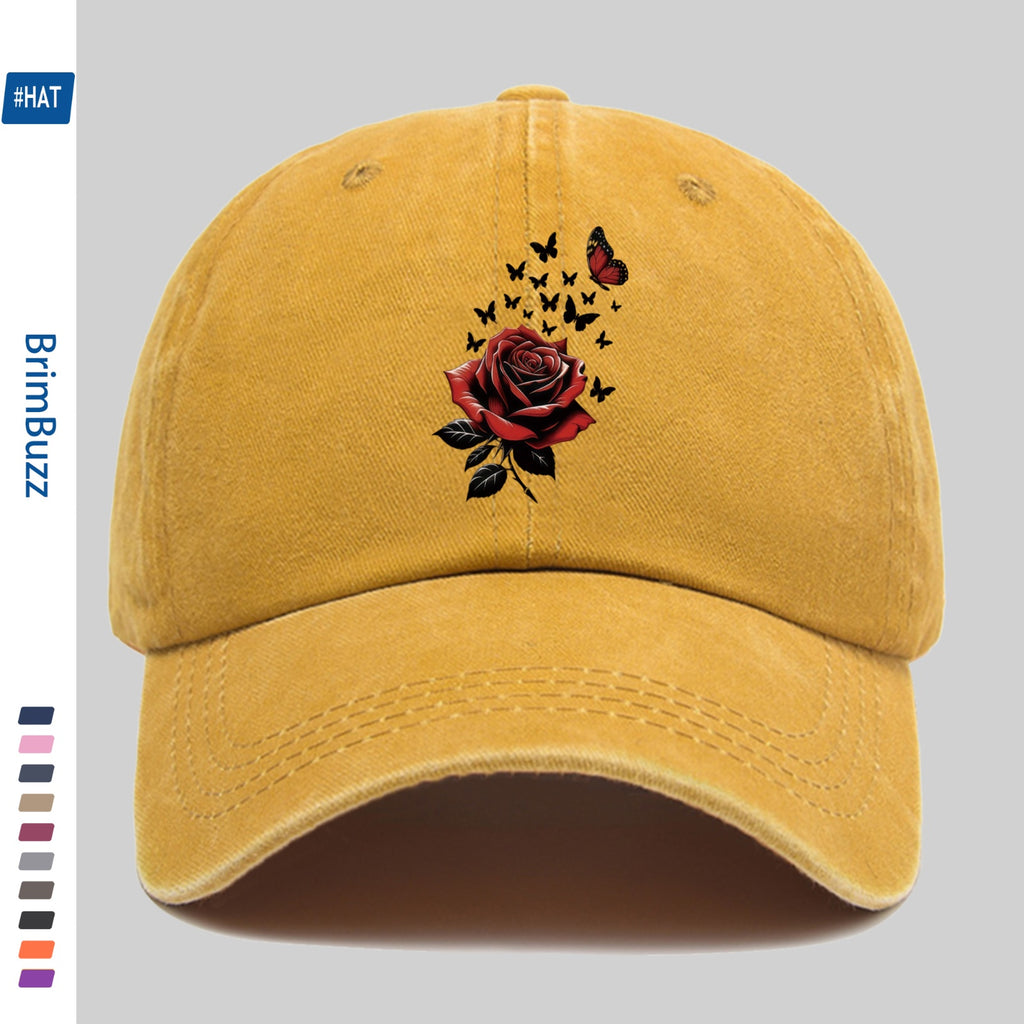 1pc Adjustable Trucker Sun Hat, Unisex, Vintage Washed Baseball Cap with Rose And Butterfly Print, Lightweight Outdoor Hat Suitable for Beach, Travel, Cycling, Party Gifts, Non-Elastic Strap Hat Suitable for Daily Casual Wear (Hand Washable)